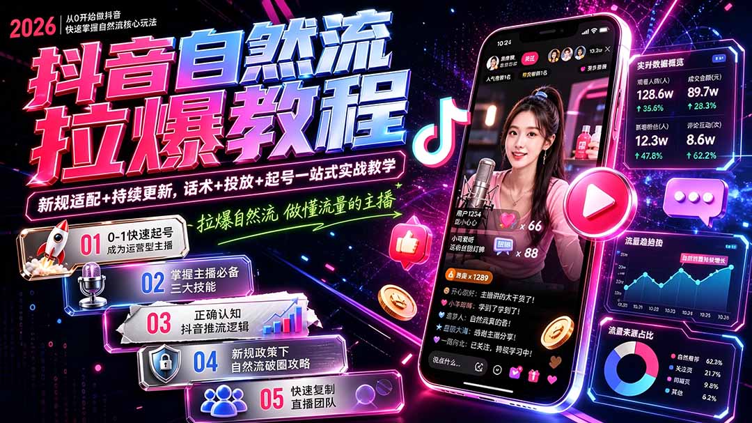 抖音自然流拉爆教程-更新1002：做懂流量的主播，新规适配+持续更新，话术+投放+起号一站式实战教学