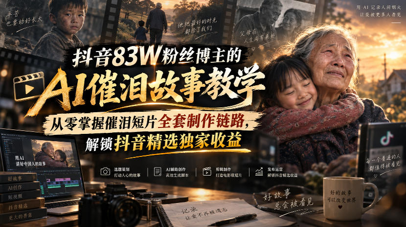 抖音83W粉丝博主的AI催泪故事教学，从零掌握催泪短片全套制作链路，解锁抖音精选独家收益