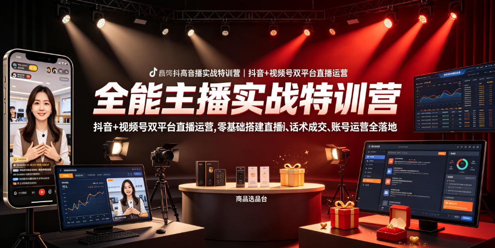 全能主播实战特训营｜抖音+视频号双平台直播运营，零基础搭建直播间、精准选品、话术成交、账号运营全落地