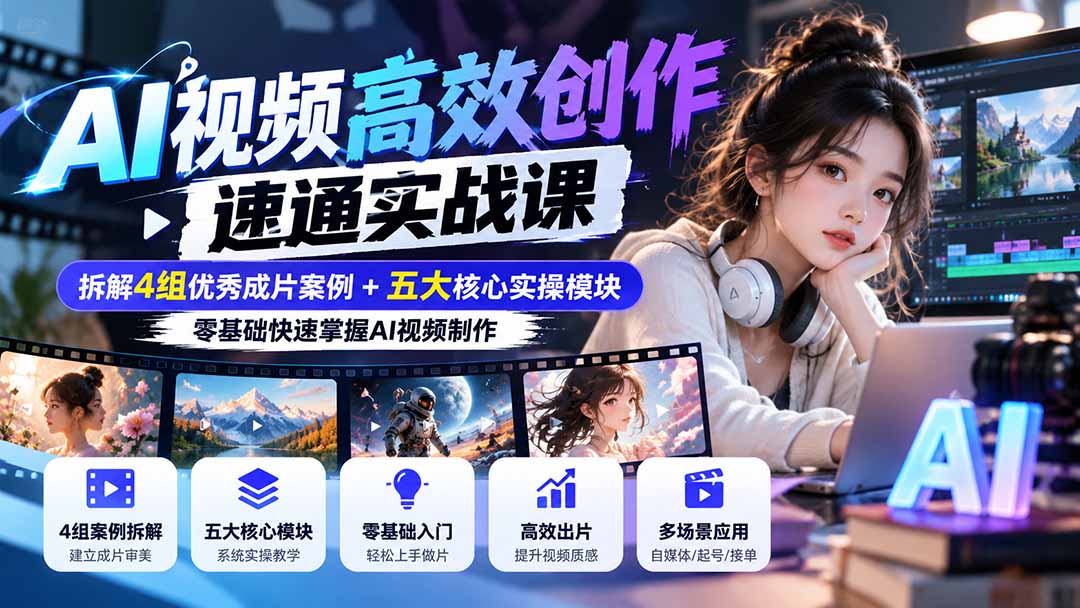 【无水印】AI视频高效创作速通实战课：拆解4组优秀成片案例+五大核心实操模块，零基础快速掌握AI视频制作