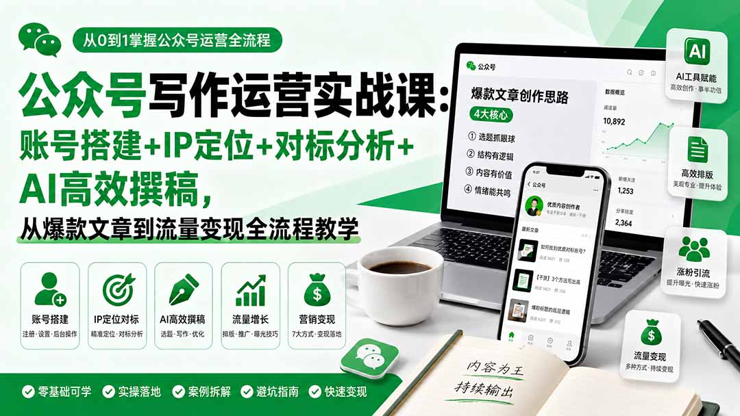 公众号写作运营实战课：账号搭建+IP定位+对标分析+AI高效撰稿，从爆款文章到流量变现全流程教学