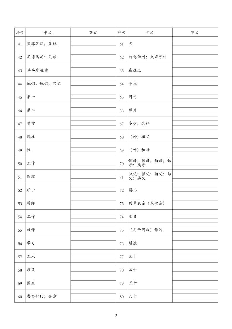 26秋四上英语冀教版单词默写
