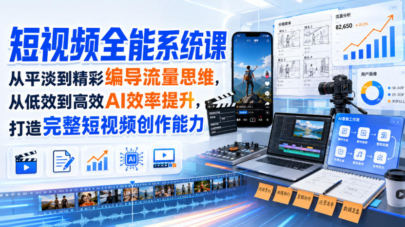 短视频全能系统课，从平淡到精彩编导流量思维，从低效到高效AI效率提升，打造完整短视频创作能力(2026年8月30更新233集)