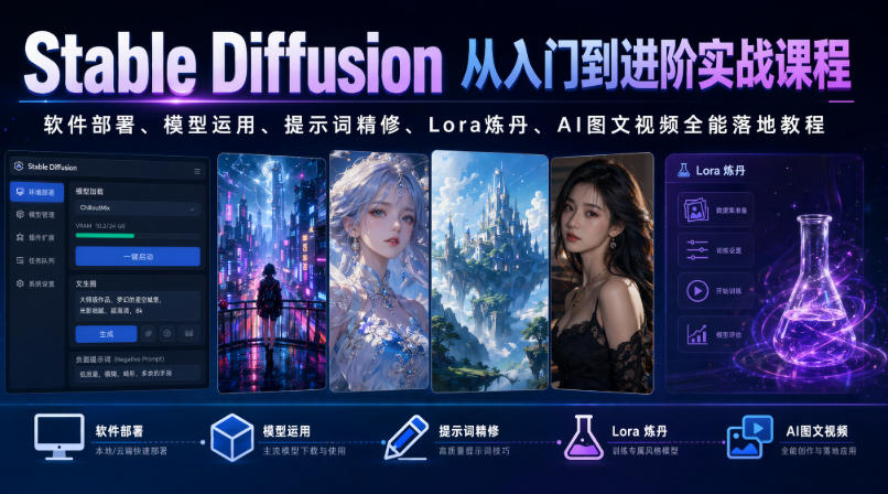 Stable Diffusion从入门到进阶实战课程｜软件部署、模型运用、提示词精修、Lora炼丹、AI图文视频全能落地教程