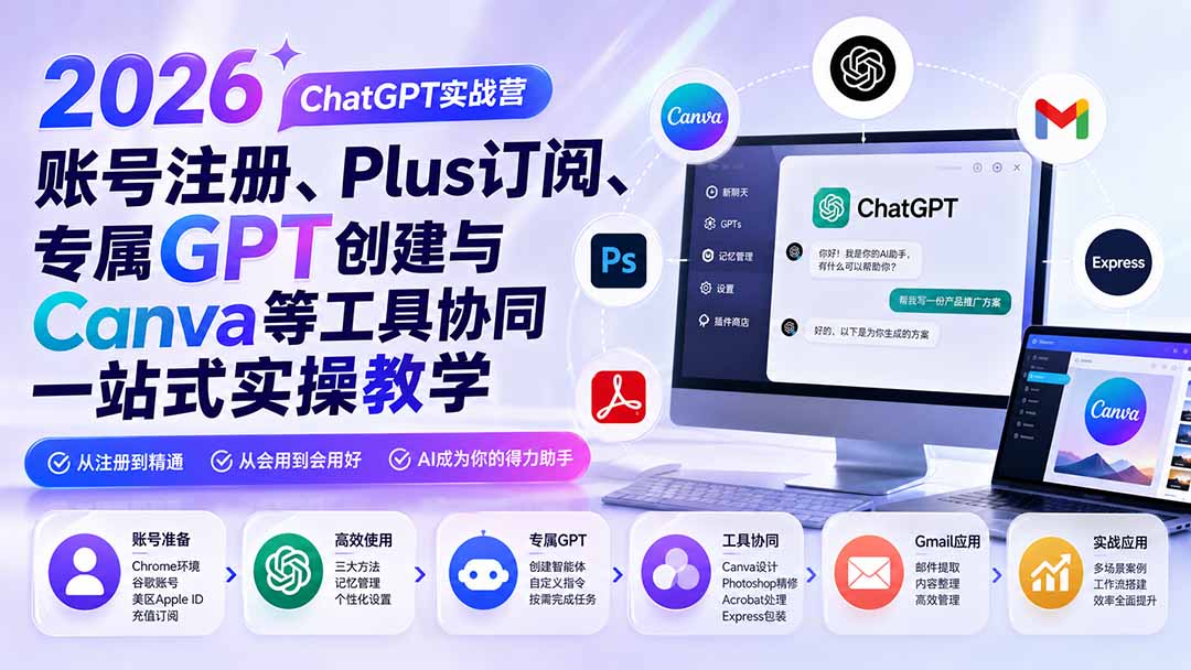 2026 ChatGPT实战营；账号注册、Plus订阅、专属GPT创建与Canva等工具协同一站式实操教学