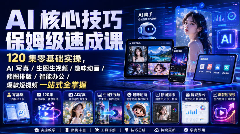 AI核心技巧保姆级速成课｜120集零基础实操，AI写真/生图生视频/趣味动画/修图排版/智能办公/爆款短视频一站式全掌握(更新)