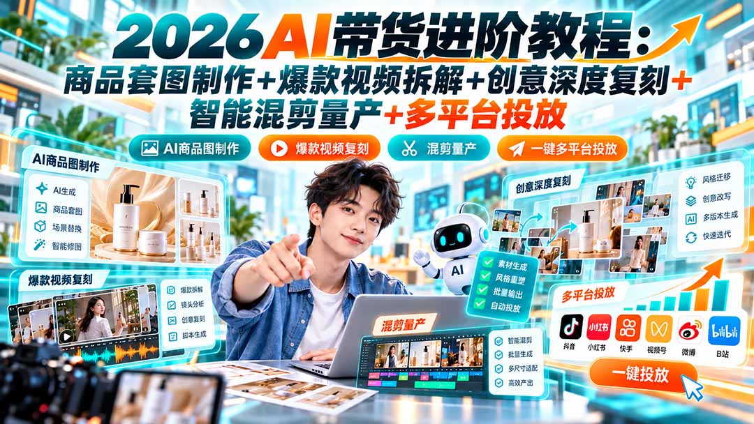 2026AI带货进阶教程：商品套图制作+爆款视频拆解+创意深度复刻+智能混剪量产+多平台投放