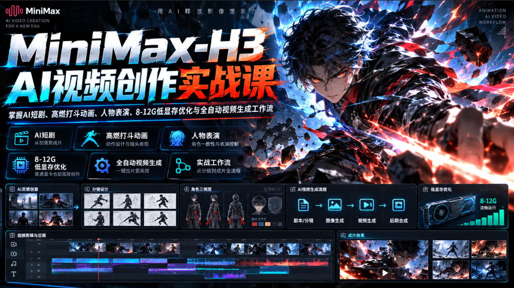 MiniMax-H3 AI视频创作实战课，掌握AI短剧、高燃打斗动画、人物表演、8-12G低显存优化与全自动视频生成工作流