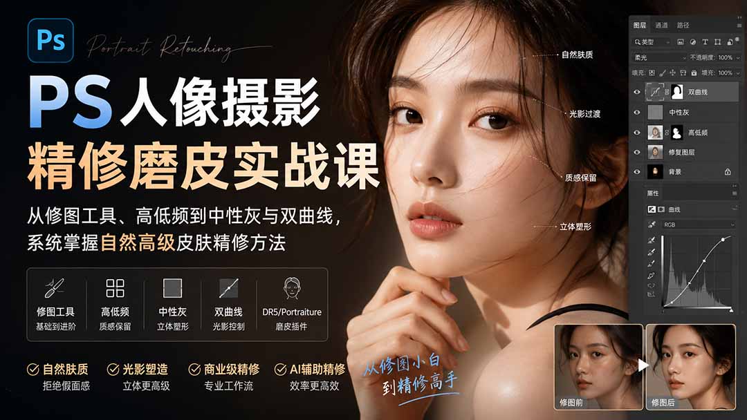 PS人像摄影精修磨皮实战课：从修图工具、高低频到中性灰与双曲线，系统掌握自然高级皮肤精修方法