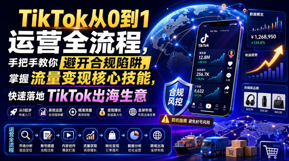 TikTok从0到1运营全流程，手把手教你避开合规陷阱，掌握流量变现核心技能，快速落地TikTok出海生意(更新8月)