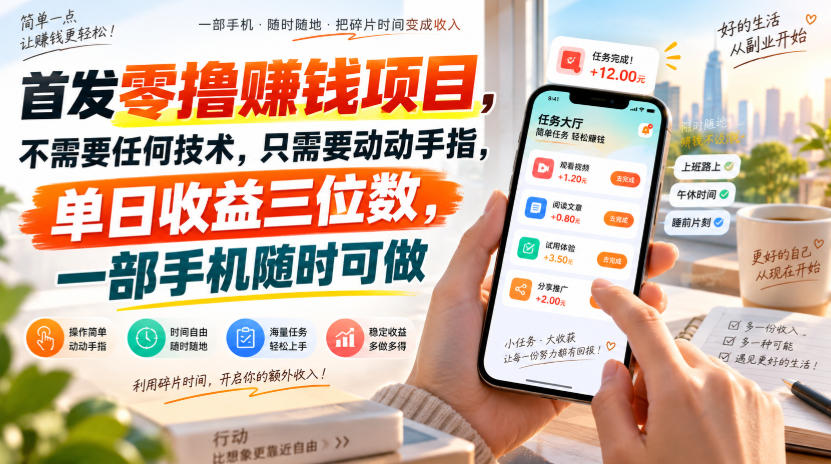 首发零撸賺钱项目，不需要任何技术，只需要动动手指，单日收益三位数，一部手机随时可做【揭秘】