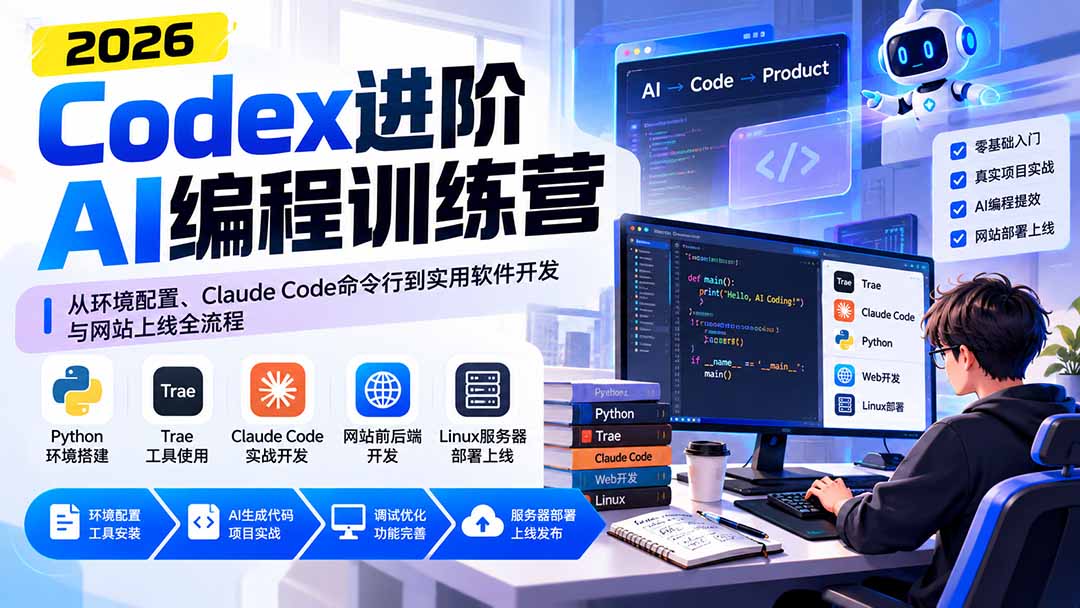 Codex进阶AI编程训练营：从环境配置、Claude Code命令行到实用软件开发与网站上线全流程