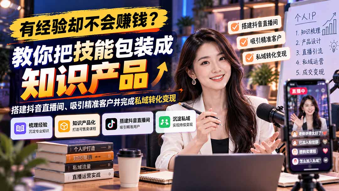 有经验却不会赚钱？教你把技能包装成知识产品，搭建抖音直播间、吸引精准客户并完成私域转化变现