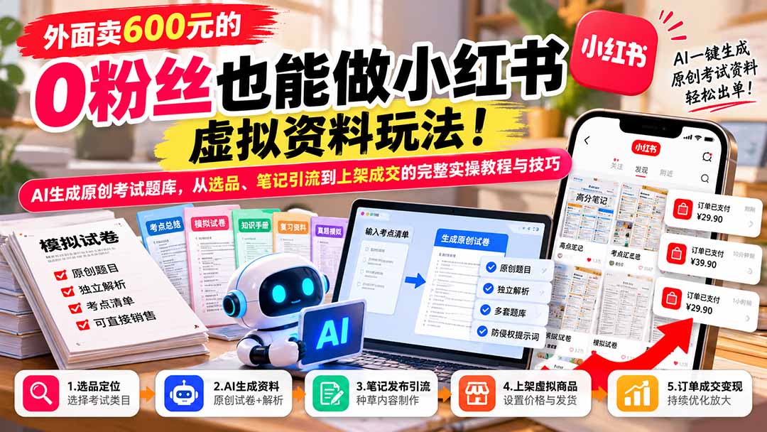 外面卖600元的 零粉丝也能做小红书虚拟资料玩法！AI生成原创考试题库，从选品、笔记引流到上架成交的完整实操教程
