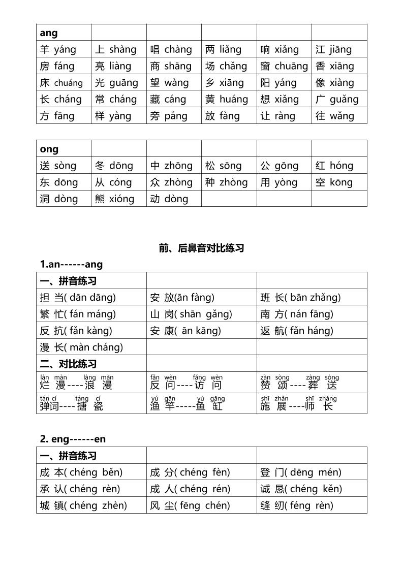新一年级上语文区分前后鼻音专项