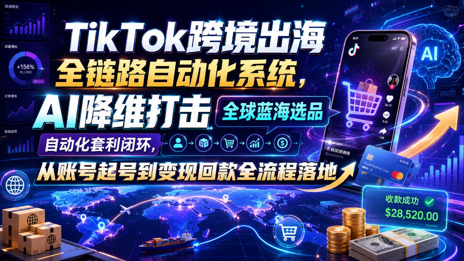 TikTok跨境出海全链路自动化系统，AI降维打击全球蓝海选品自动化套利闭环，从账号起号到变现回款全流程落地(2026年7月)