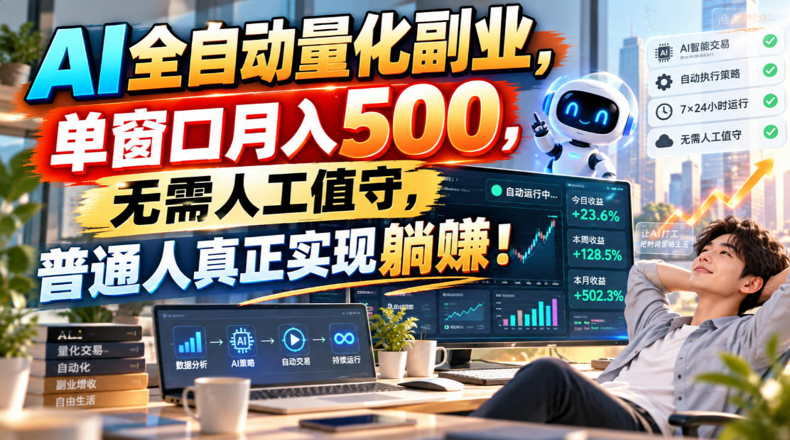 AI全自动量化副业，单窗口月入500，无需人工值守，普通人真正实现躺賺！