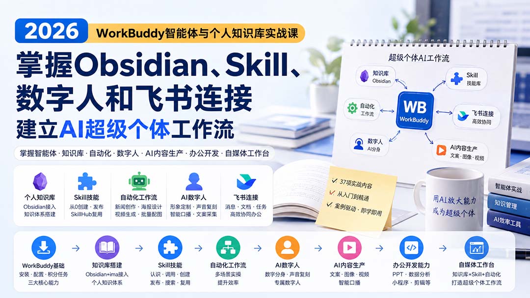 2026 WorkBuddy智能体与个人知识库实战课：掌握Obsidian、Skill、数字人和飞书连接，建立AI超级个体工作流