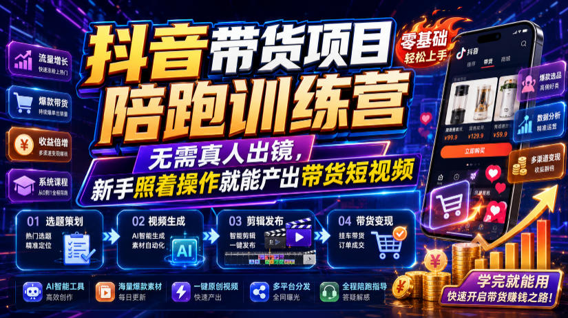 抖音带货项目陪跑训练营，无需真人出镜，新手照着操作就能产出带货短视频(更新0811)