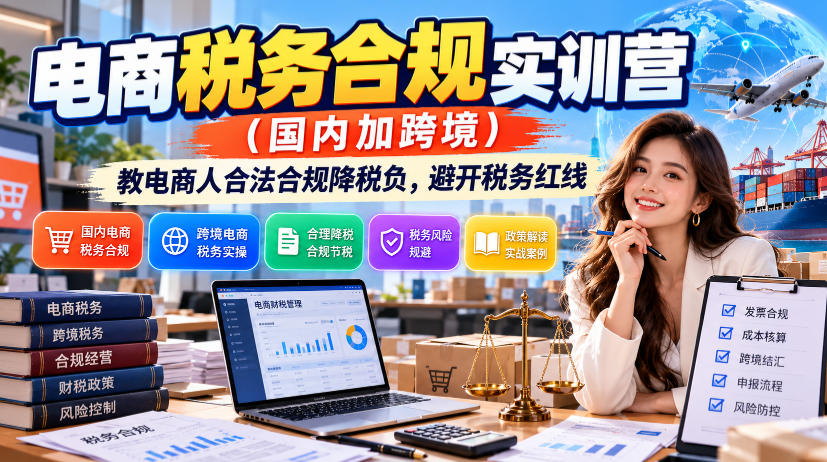 电商税务合规实训营(国内加跨境)，教电商人合法合规降税负，避开税务红线