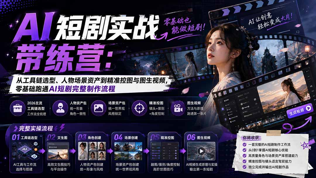 AI短剧实战训练营：从工具链选型、人物场景资产到精准控图与图生视频，零基础跑通AI短剧完整制作流程