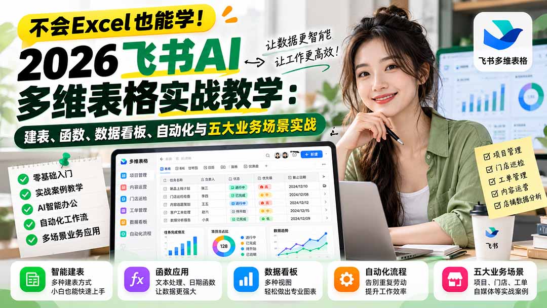 不会Excel也能学！2026飞书AI多维表格实战教学：建表、函数、数据看板、自动化与五大业务场景实战