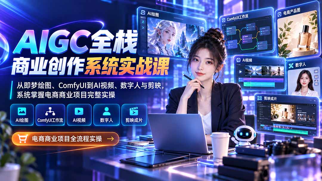 AIGC全栈商业创作系统实战课-无水印：从即梦绘图、ComfyUI到AI视频、数字人与剪映，系统掌握电商商业项目完整实操