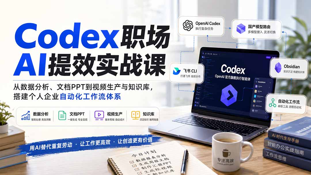 Codex职场AI提效实战课：从数据分析、文档PPT到视频生产与知识库，搭建个人企业自动化工作流体系