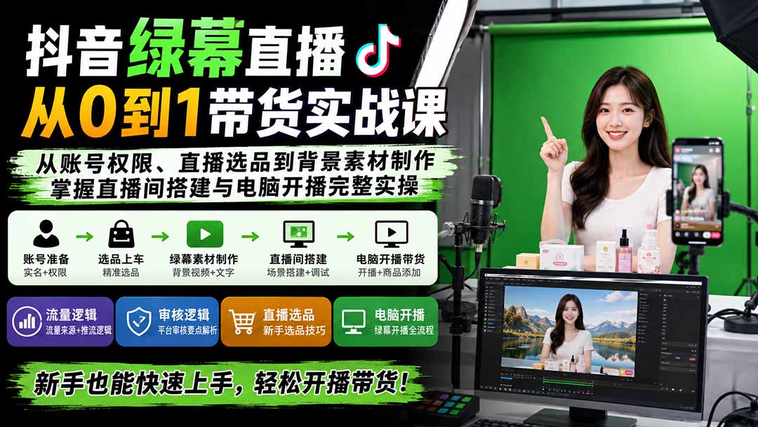 抖音绿幕直播从0到1带货实战课：从账号权限、直播选品到背景素材制作，掌握直播间搭建与电脑开播完整实操