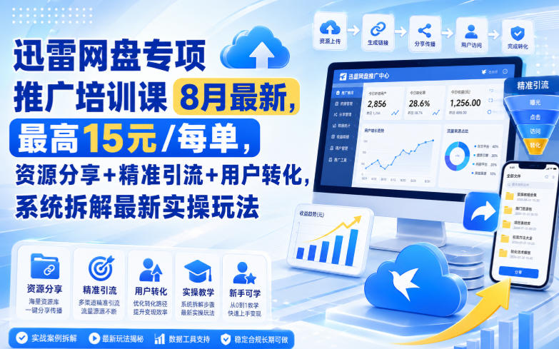 迅雷网盘专项推广培训课8月最新，最高15米/每单，资源分享+精准引流+用户转化，系统拆解最新实操玩法(更新0824)