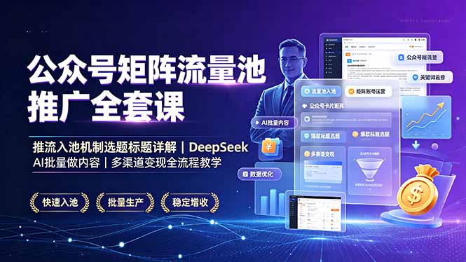 公众号矩阵流量池推广全套课，推流入池机制选题标题详解，DeepSeek AI批量做内容，多渠道变现全流程教学