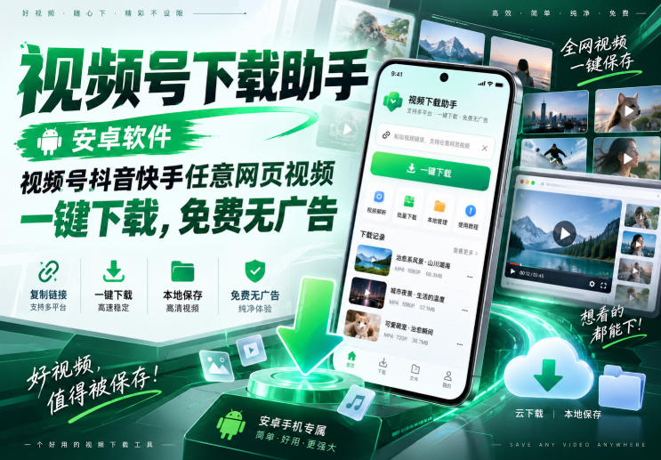 视频号下载助手，安卓软件，视频号抖音快手任意网页视频，一键下载，免费无广告