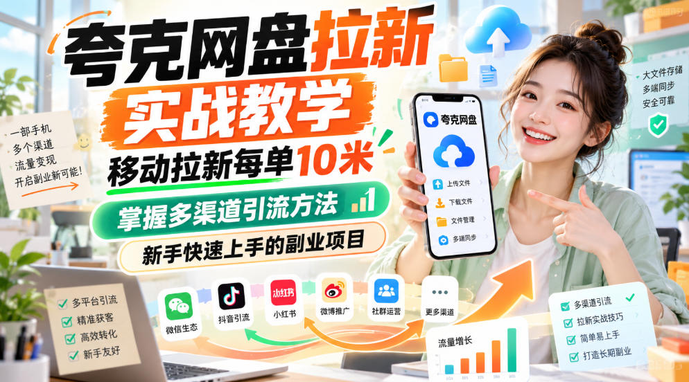 夸克网盘拉新实战教学，移动拉新每单10米，掌握多渠道引流方法，新手快速上手的副业项目（更新0929）