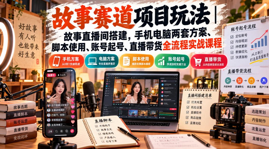 故事赛道项目玩法｜故事直播间搭建，手机电脑两套方案、脚本使用、账号起号、直播带货全流程实战课程