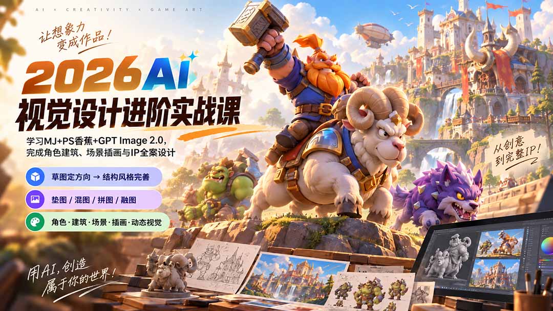 2026AI视觉设计进阶实战课-更新：学习MJ+PS香蕉+GPT Image 2.0，完成角色建筑、场景插画与IP全案设计
