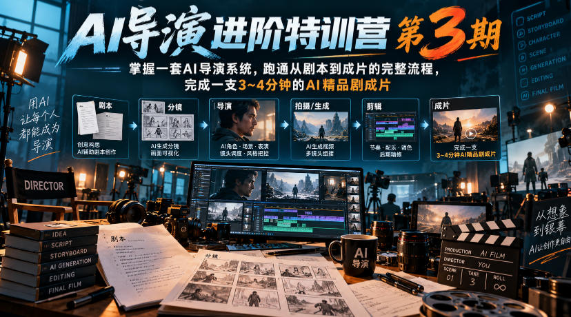 AI导演进阶特训营第3期，掌握一套AI导演系统，跑通从剧本到成片的完整流程，完成一支3~4分钟的AI精品剧成片(附1、2期)