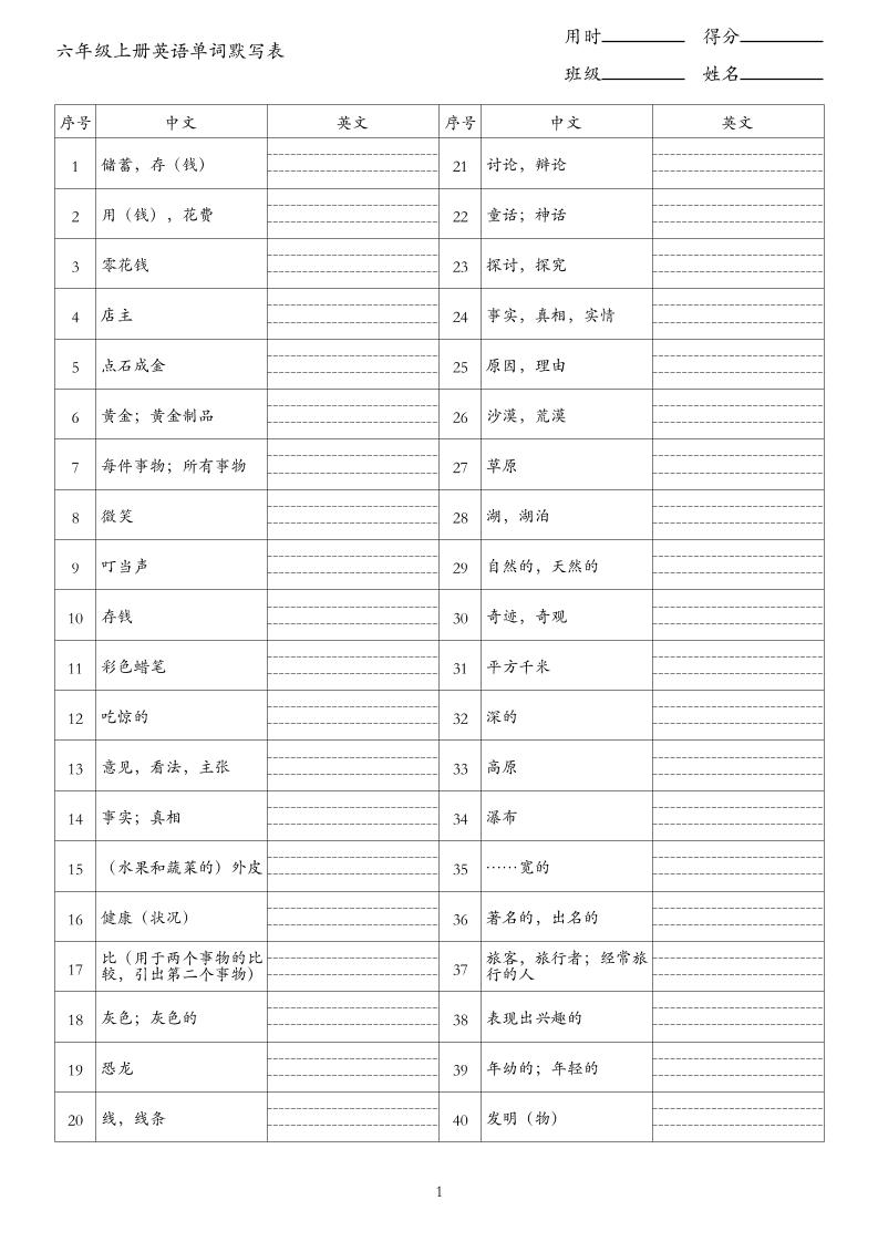 新六上英语单词背诵表（中译英）《外研版》