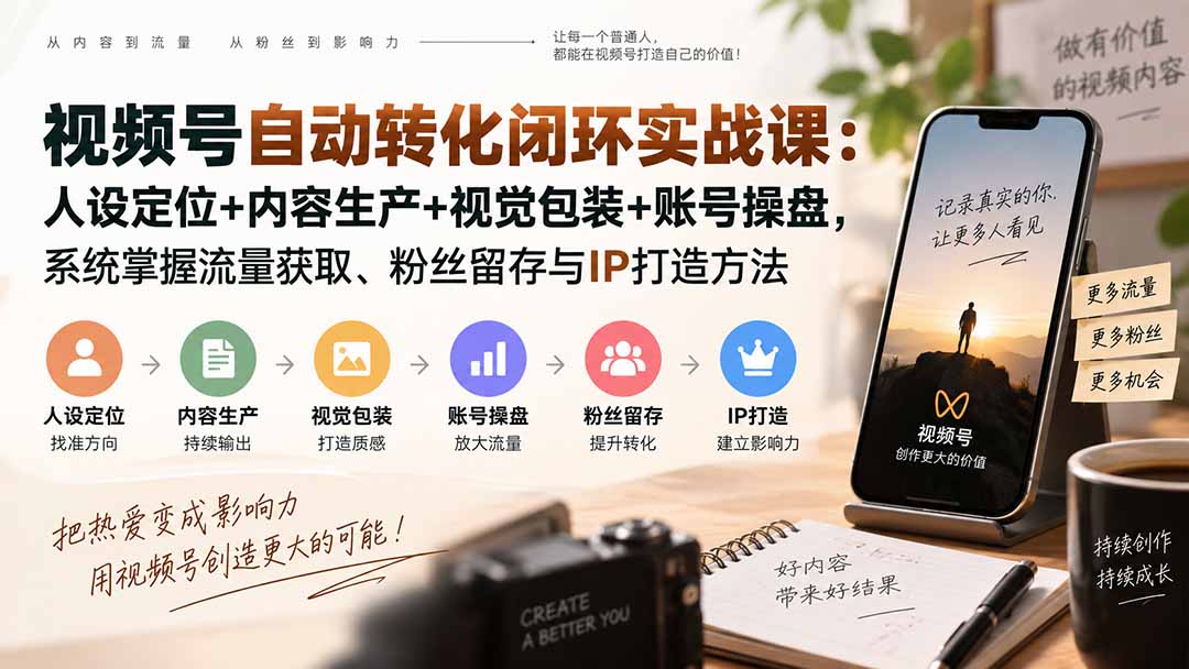 视频号自动转化闭环实战课：人设定位+内容生产+视觉包装+账号操盘，系统掌握流量获取、粉丝留存与IP打造方法