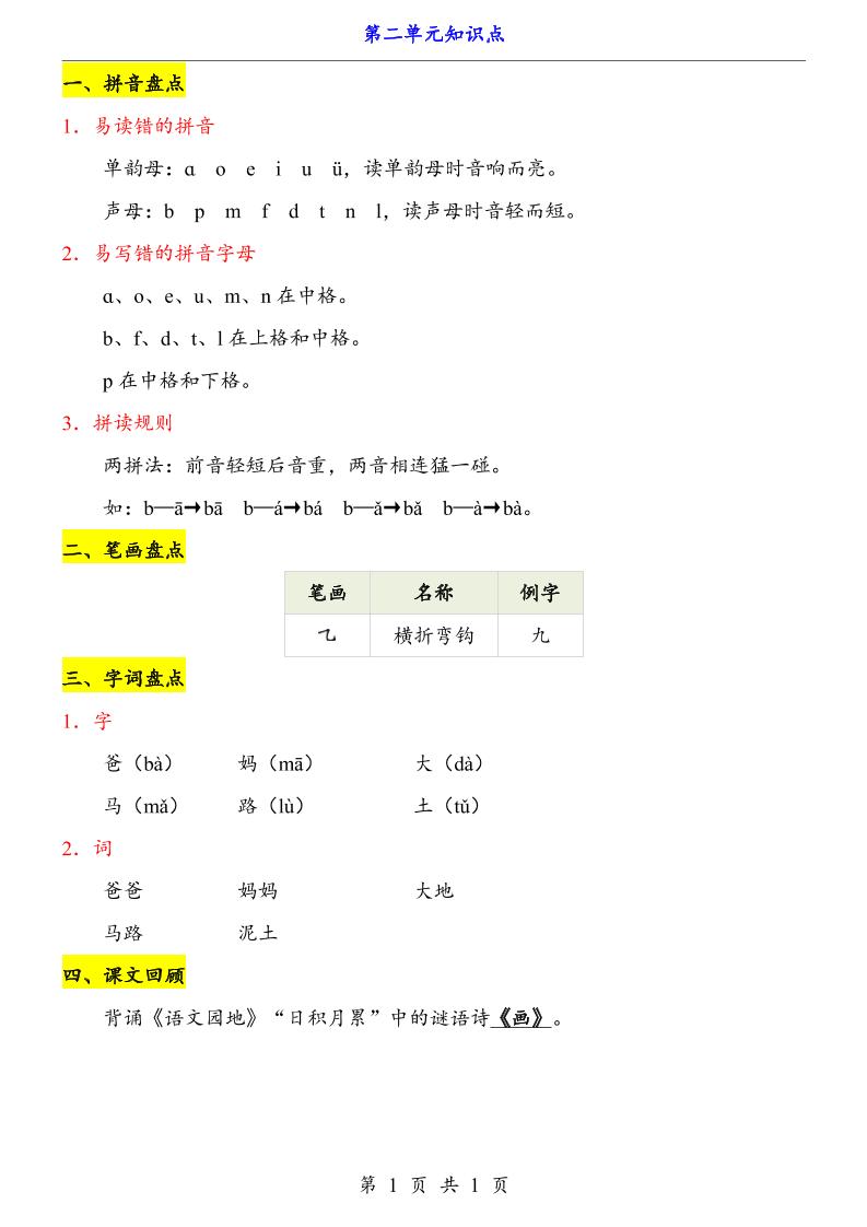 新一上语文第2单元（知识点）
