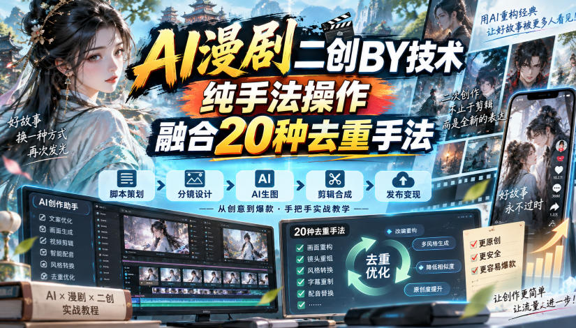 AI漫剧二创搬运技术，纯手法操作，融合20种去重手法