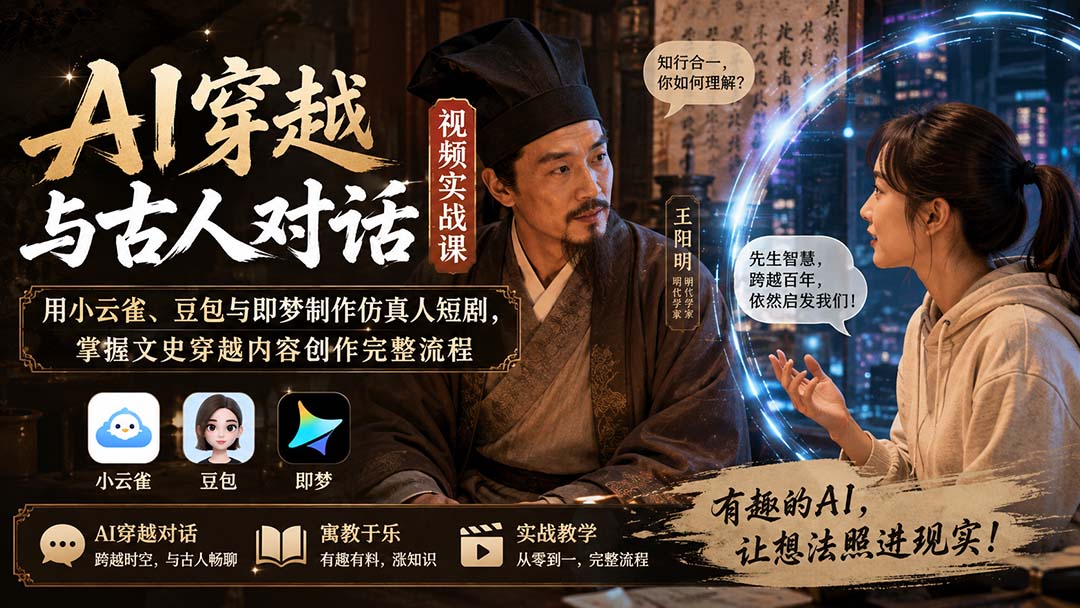 AI穿越与古人对话视频实战课：用小云雀、豆包与即梦制作仿真人短剧，掌握文史穿越内容创作完整流程