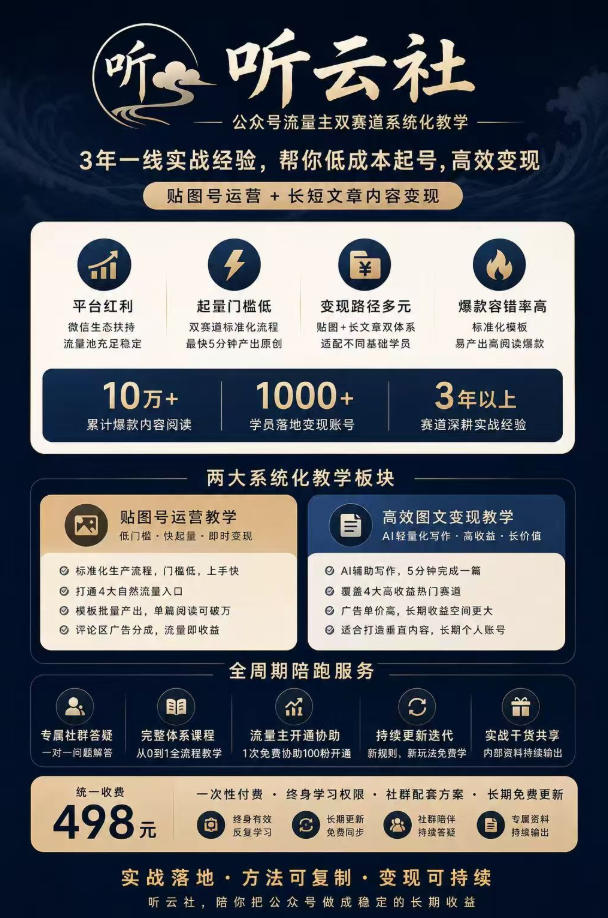 听云社公众号流量主双赛道系统化教学，3年一线实战经验，帮你低成本起号，高效变现，贴图号运营+长短文章内容变现
