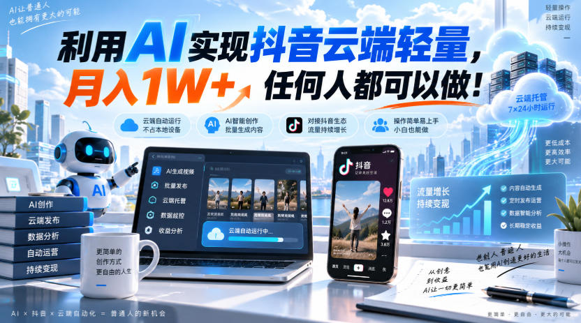 利用AI实现抖音云端轻量，月入1W+，任何人都可以做！【揭秘】