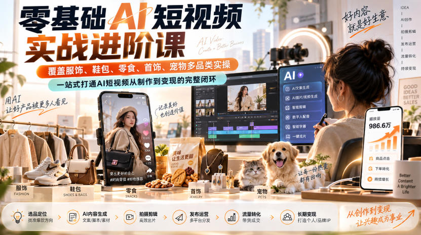 零基础AI短视频实战进阶课，覆盖服饰、鞋包、零食、首饰、宠物多品类实操，一站式打通AI短视频从制作到变现的完整闭环