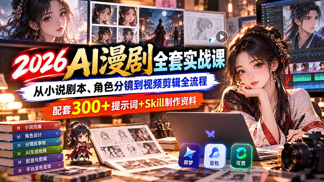 【无水印】2026AI漫剧全套实战课：从小说剧本、角色分镜到视频剪辑全流程，配套300+提示词+Skill制作资料