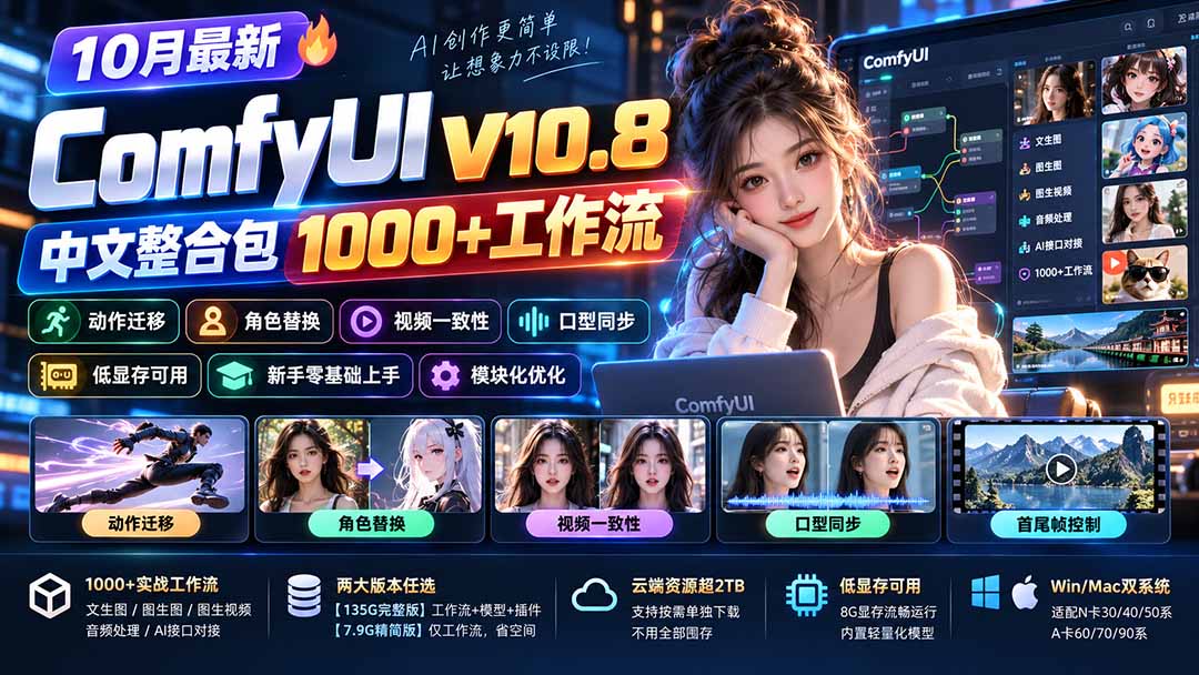 10月最新ComfyUI V10.8中文整合包 1000+工作流 动作迁移 角色替换 视频一致性 口型同步 低显存可用