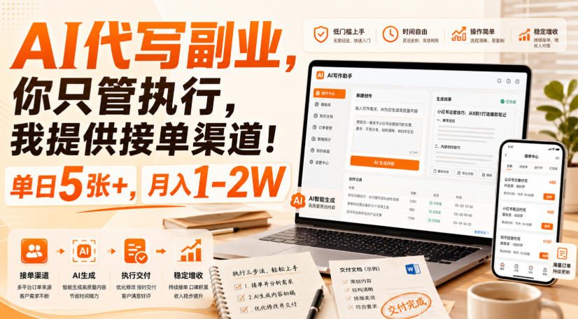 AI代写副业，你只管执行，我提供接单渠道！单日5张+，月入1-2W【揭秘】