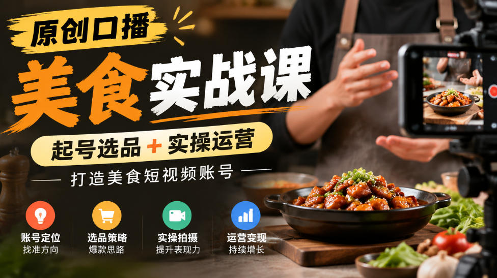 原创口播美食实战课，起号选品+实操运营，打造美食短视频账号