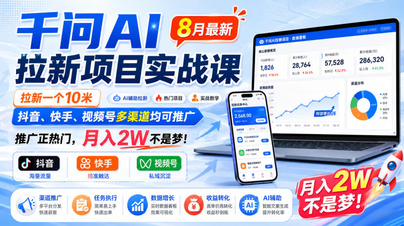 千问AI拉新项目实战课8月最新，拉新一个10米，抖音、快手、视频号多渠道均可推广，推广正热门，月入2W不是梦!