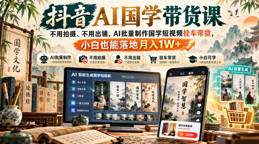 抖音AI国学带货课，不用拍摄、不用出镜，AI批量制作国学短视频挂车带货，小白也能落地月入1W+